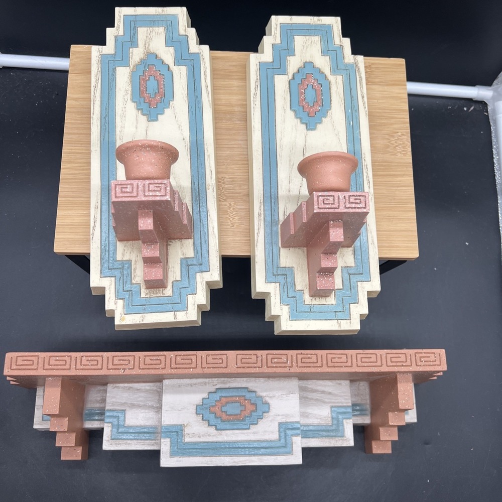 Vintage Home Interior Homco Santa Fe Aztec Shelf And 2 Wall Candle Sconces 1995